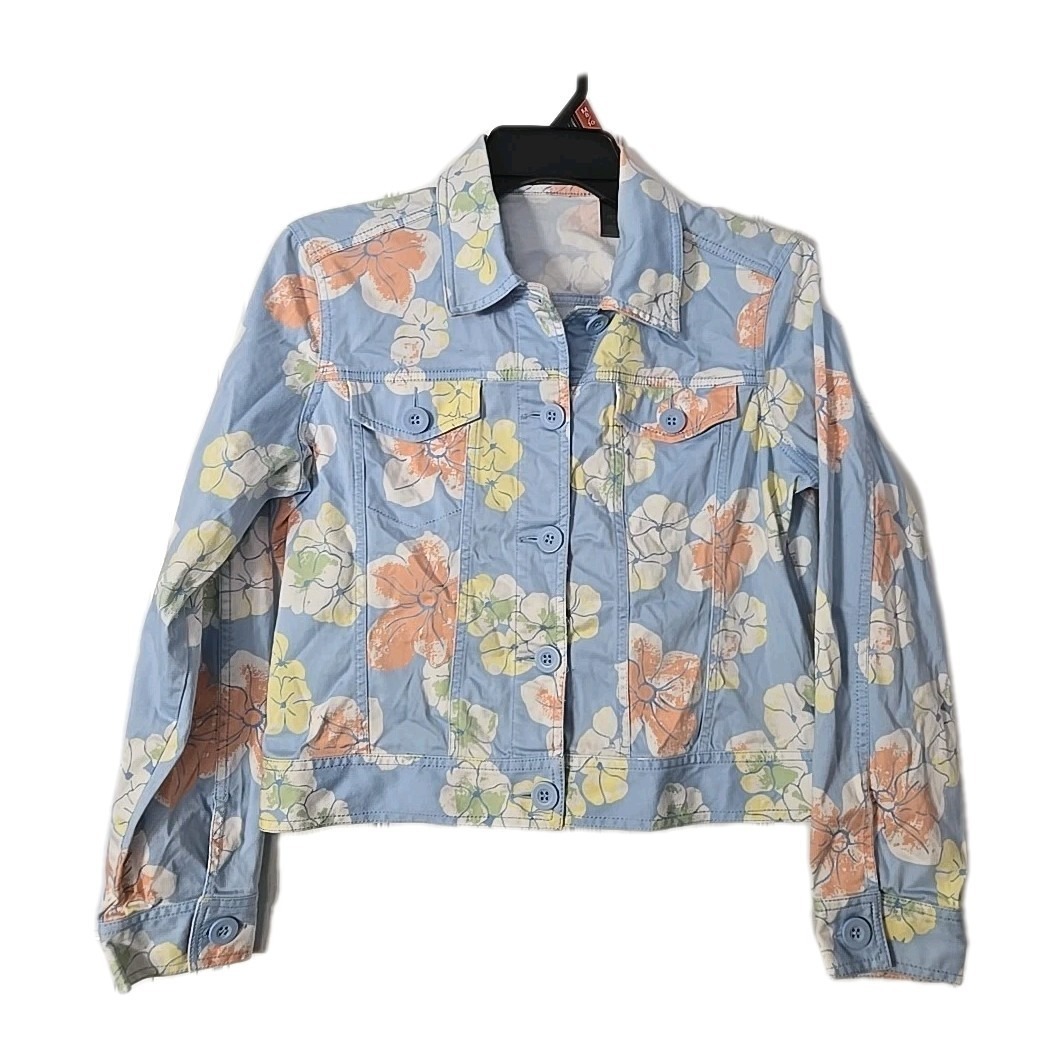 Liz Claiborne Womans Short Petite Jacket Size M Light Blue Florial Designs